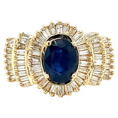 Natural Blue Sapphire and 2.00 Ct Baguette Diamond Ring in 14K Gold