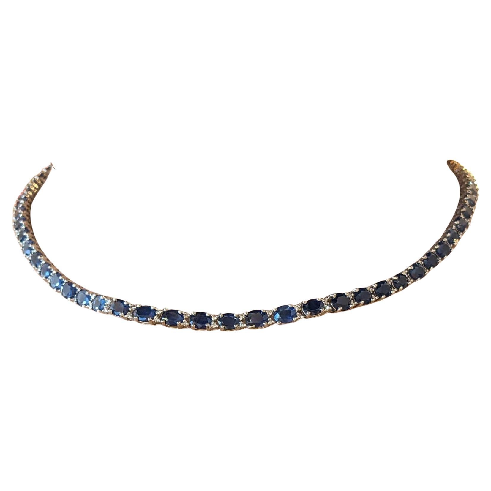 Natural Blue Sapphire and Diamond Choker Necklace in 18k White Gold For Sale