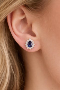 Natural Blue Sapphire and Diamond Cluster Earrings 2.07 Carats 14K White Gold