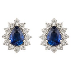 Natural Blue Sapphire and Diamond Cluster Earrings 2.07 Carats 14K White Gold