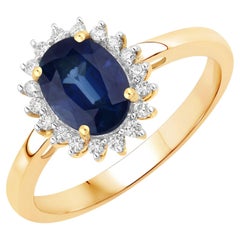 Natural Blue Sapphire and Diamond Cocktail Ring 14k Yellow Gold