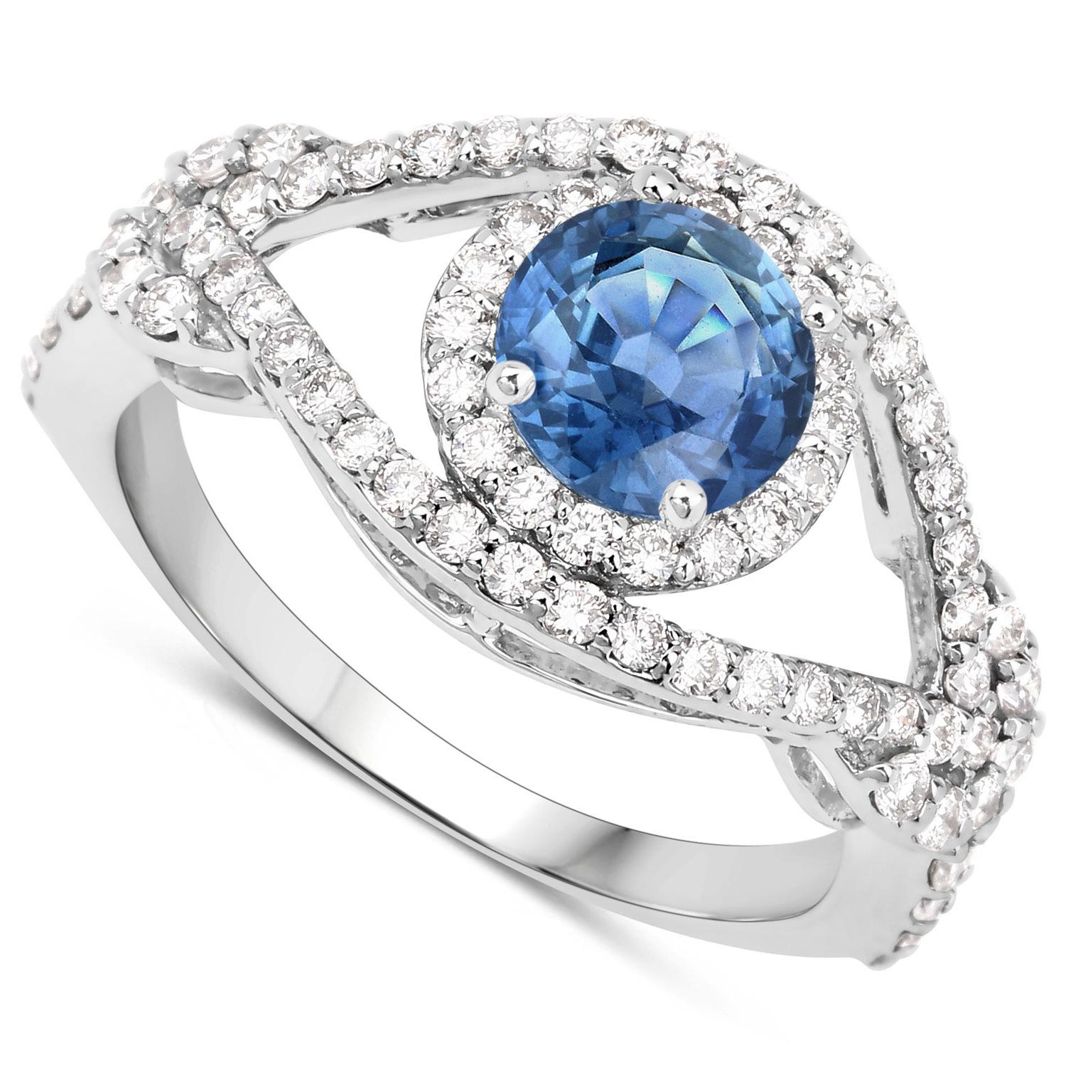 Round Cut Natural Blue Sapphire and Diamond Crossover Ring 1.75 Carats Total 14K Gold For Sale