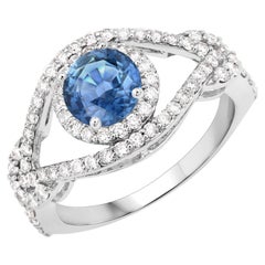 Natural Blue Sapphire and Diamond Crossover Ring 1.75 Carats Total 14K Gold