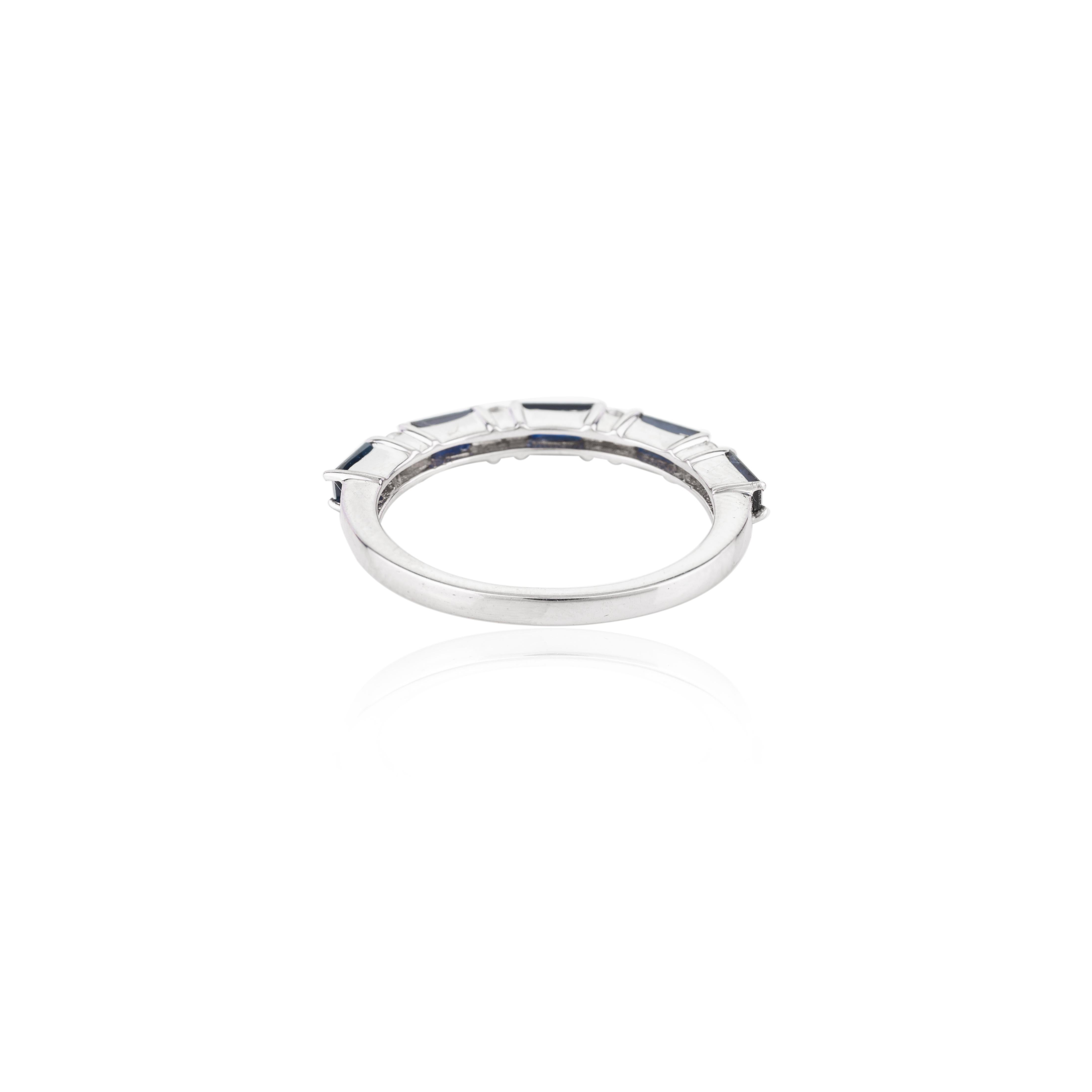 For Sale:  Natural Blue Sapphire and Diamond Dainty Band Ring for Her in 18k White Gold 7