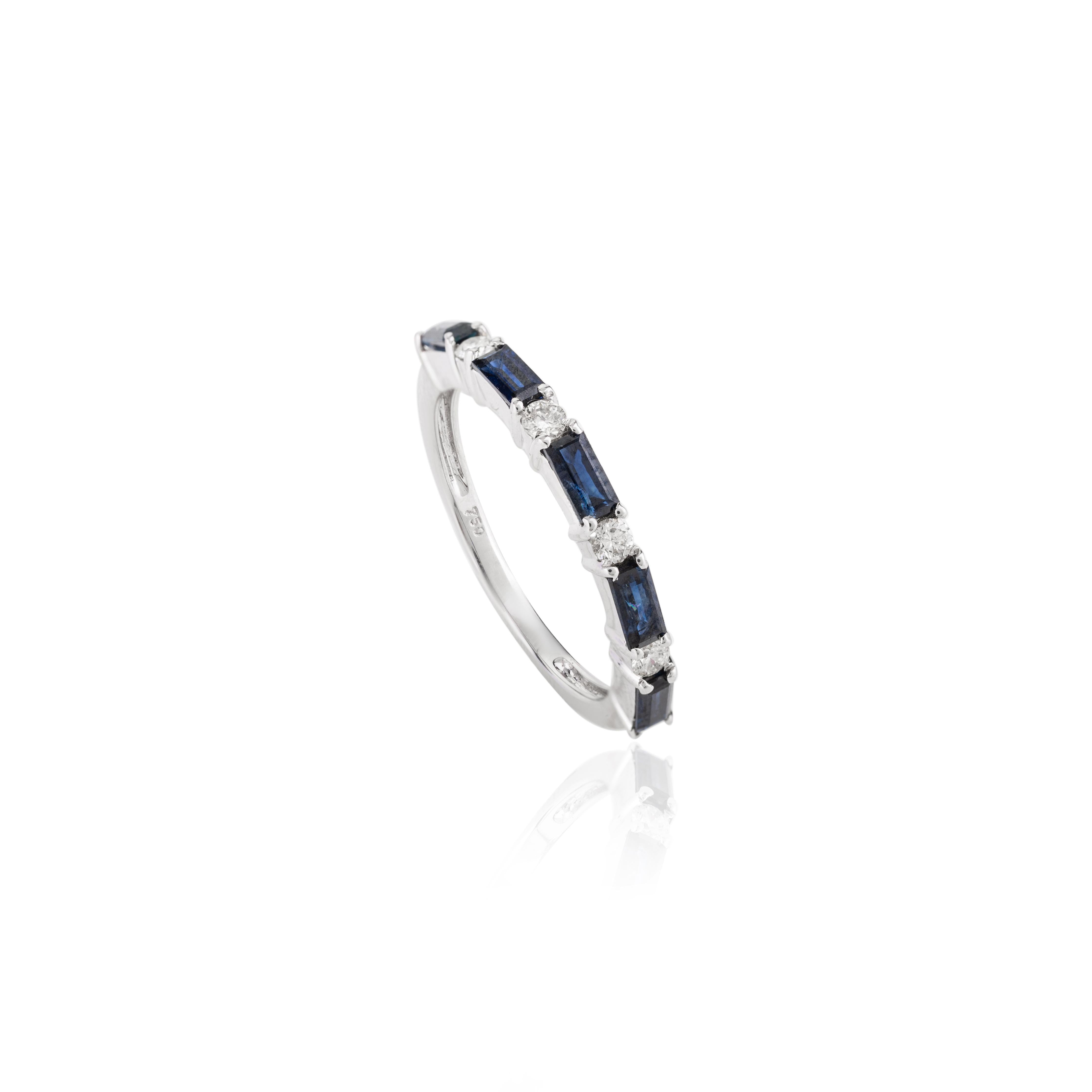 For Sale:  Natural Blue Sapphire and Diamond Dainty Band Ring for Her in 18k White Gold 9
