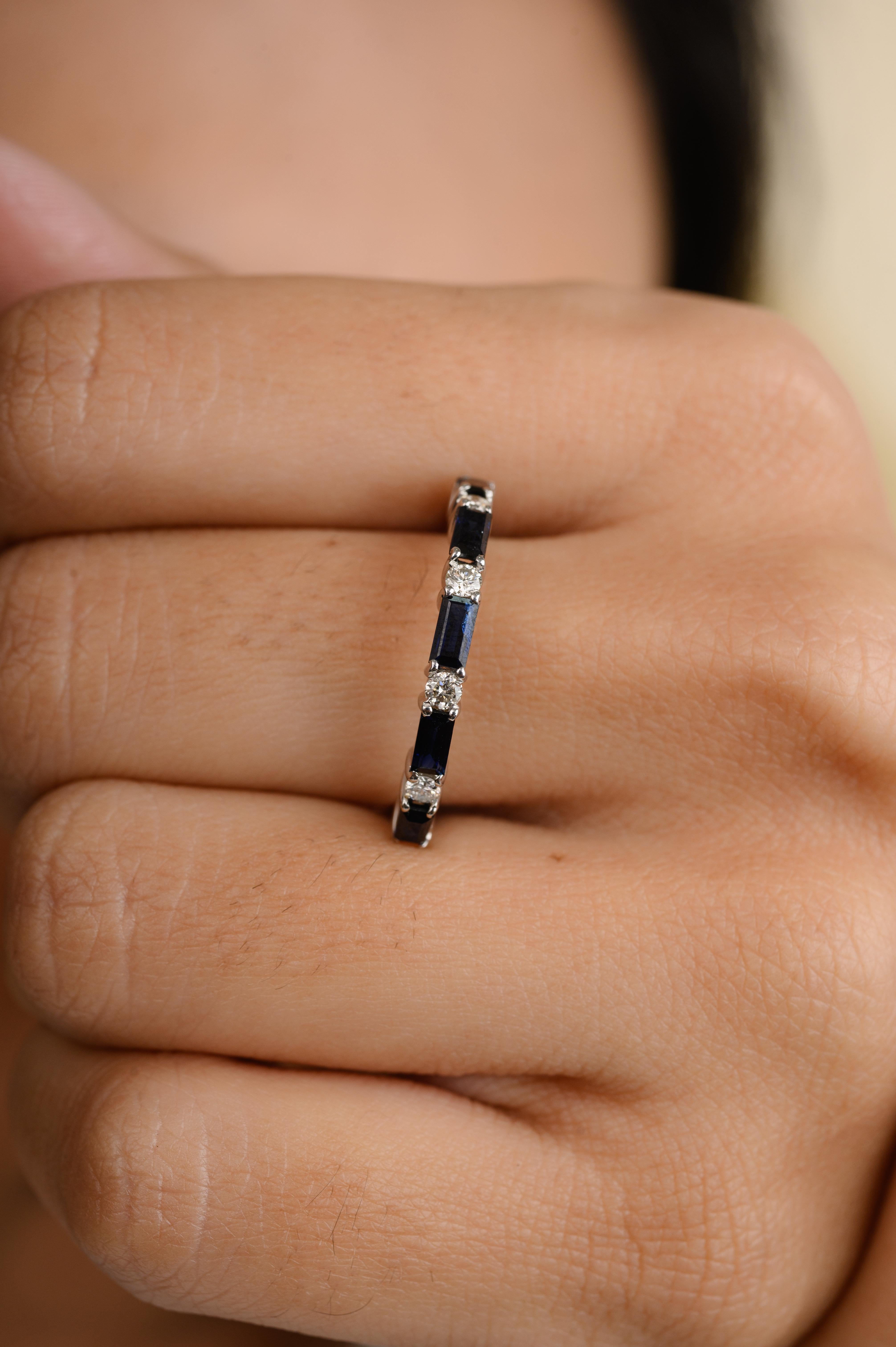 For Sale:  Natural Blue Sapphire and Diamond Dainty Band Ring for Her in 18k White Gold 6