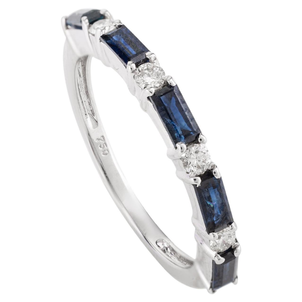 Natural Blue Sapphire and Diamond Dainty Band Ring for Her in 18k White Gold