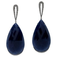Natural Blue Sapphire And Diamond Dangle Earrings 18K Gold 86.55 Carats