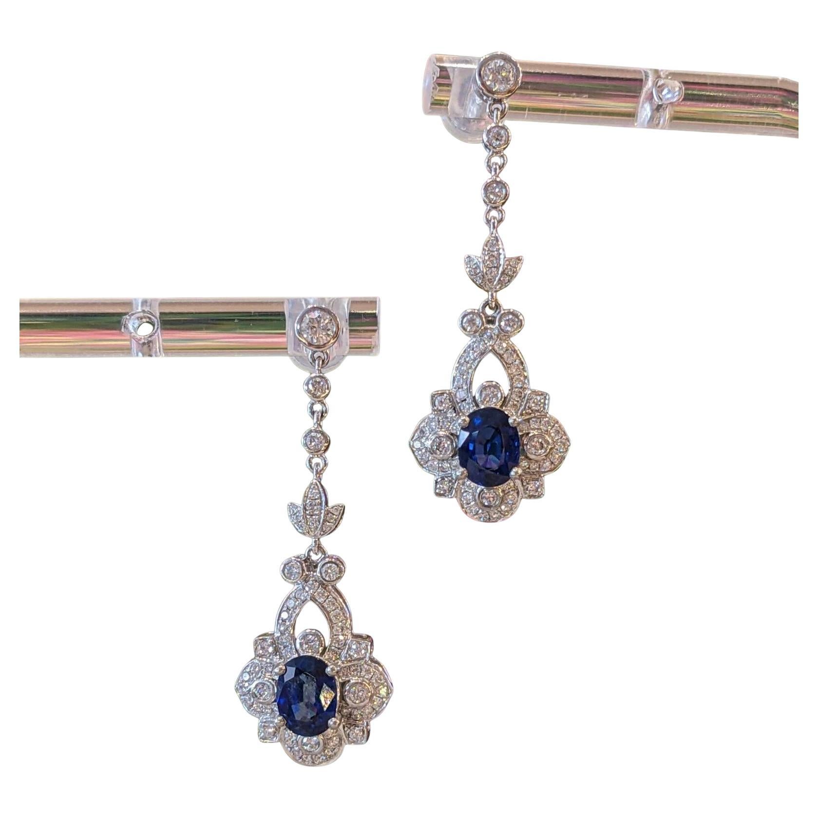 Natural Blue Sapphire and Diamond Drop Earrings in Platinum
