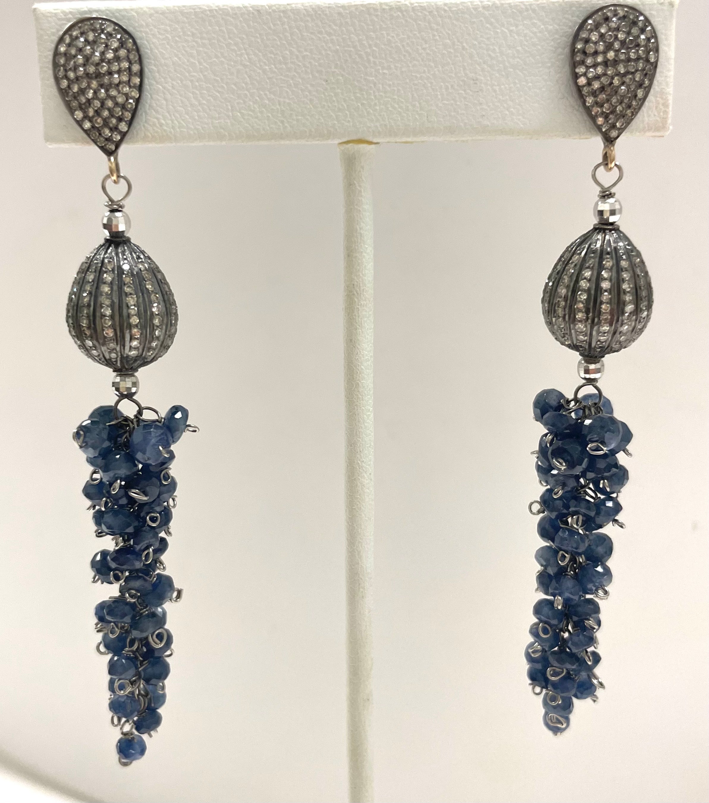 Bead Natural Blue Sapphire and Diamond Earrings For Sale