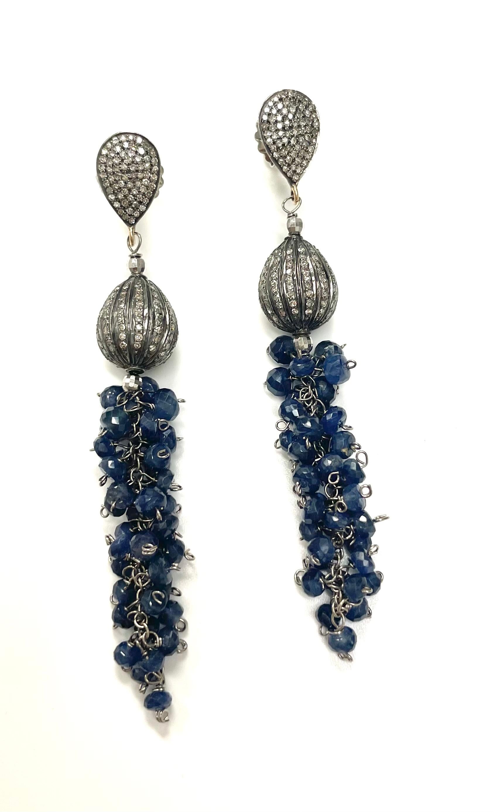 Artisan Natural Blue Sapphire and Diamond Earrings For Sale