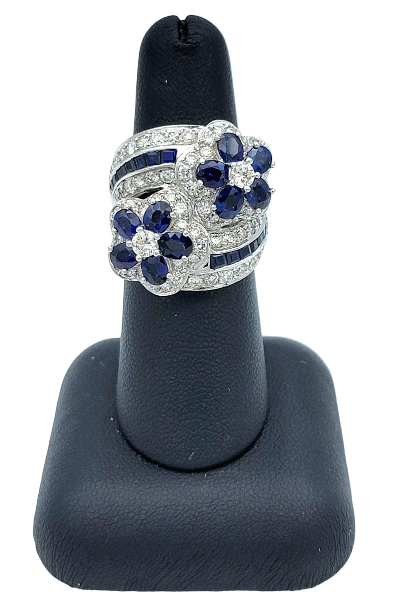 Bypass-Ring aus 18 Karat Weißgold mit natürlichem blauem Saphir und Diamant-Blumen im Angebot 6