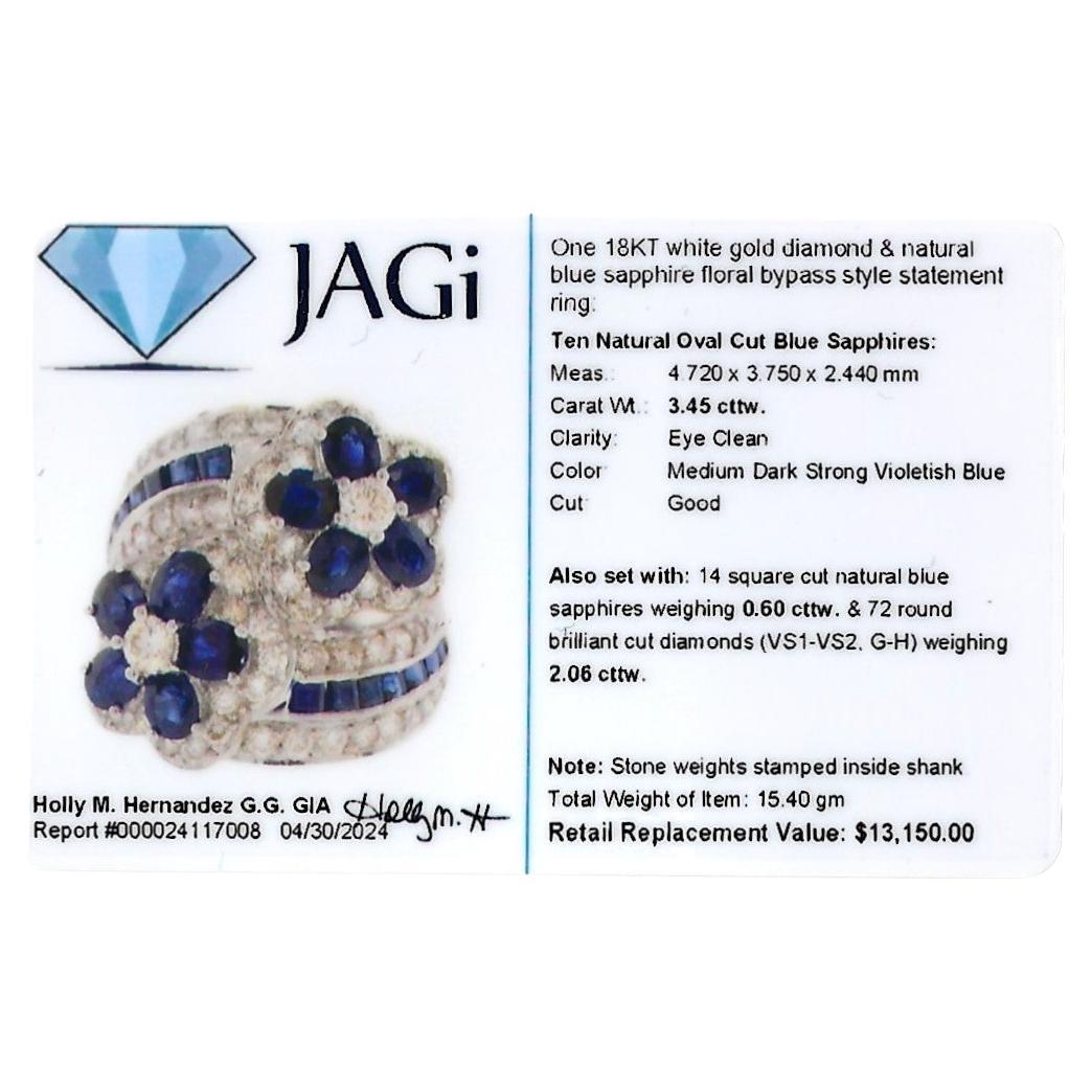 Bypass-Ring aus 18 Karat Weißgold mit natürlichem blauem Saphir und Diamant-Blumen im Angebot 8
