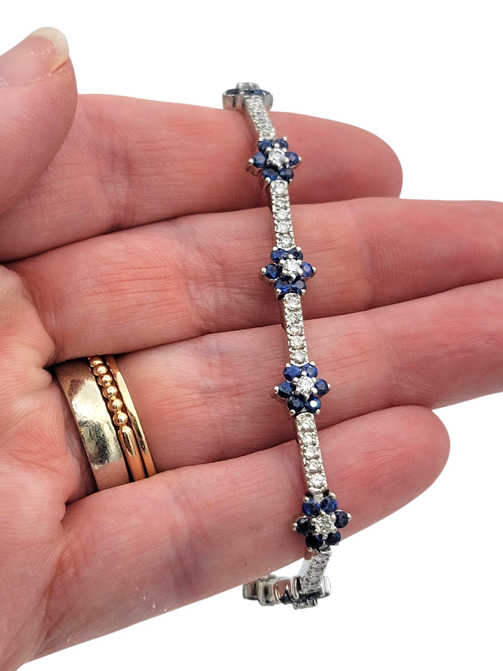 Women's Natural Blue Sapphire and Diamond Flower Motif Link Bracelet 14 Karat White Gold For Sale