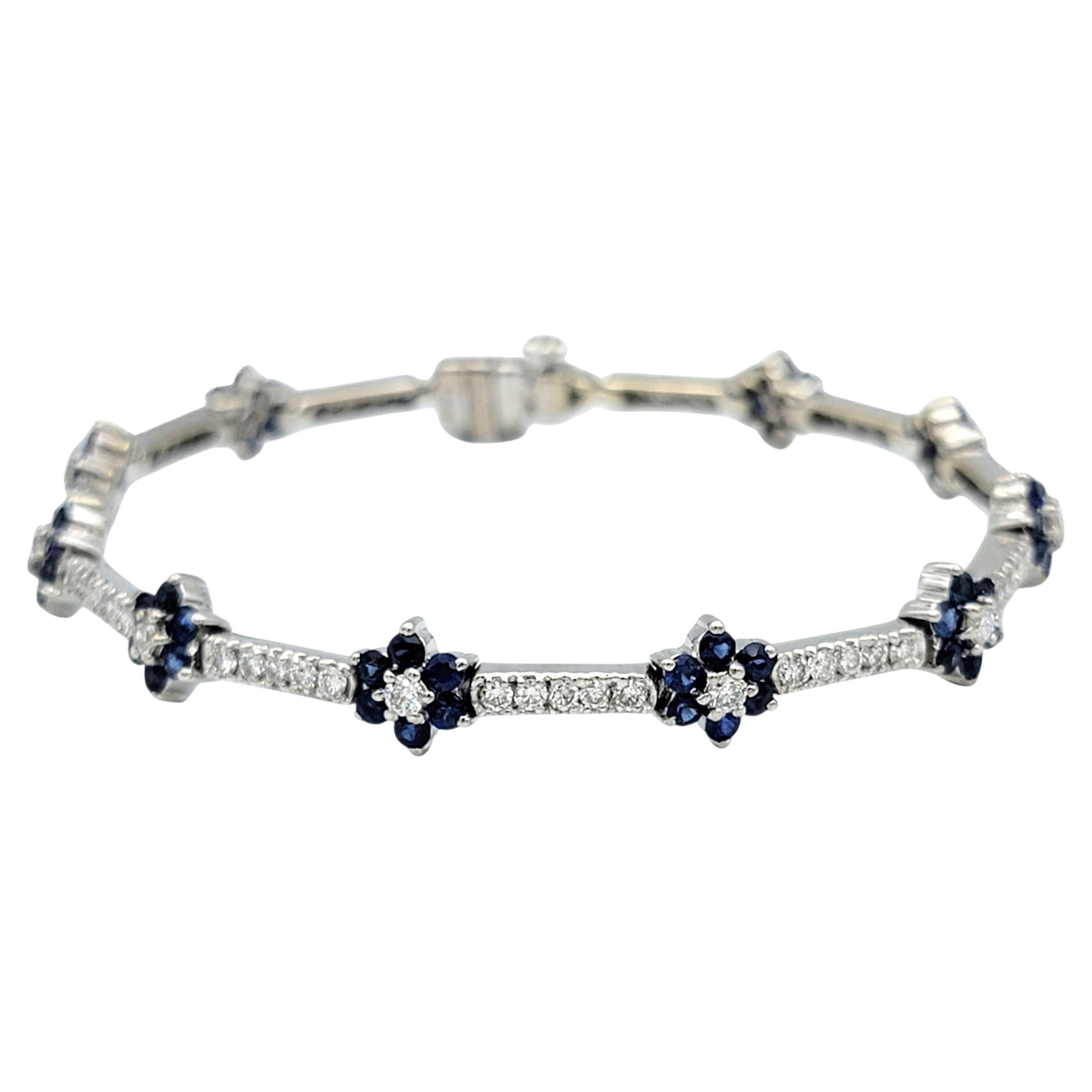 Natural Blue Sapphire and Diamond Flower Motif Link Bracelet 14 Karat White Gold For Sale