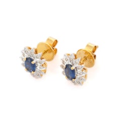 Natural Blue Sapphire and Diamond Flower Studs in 18 Karat Solid Yellow Gold
