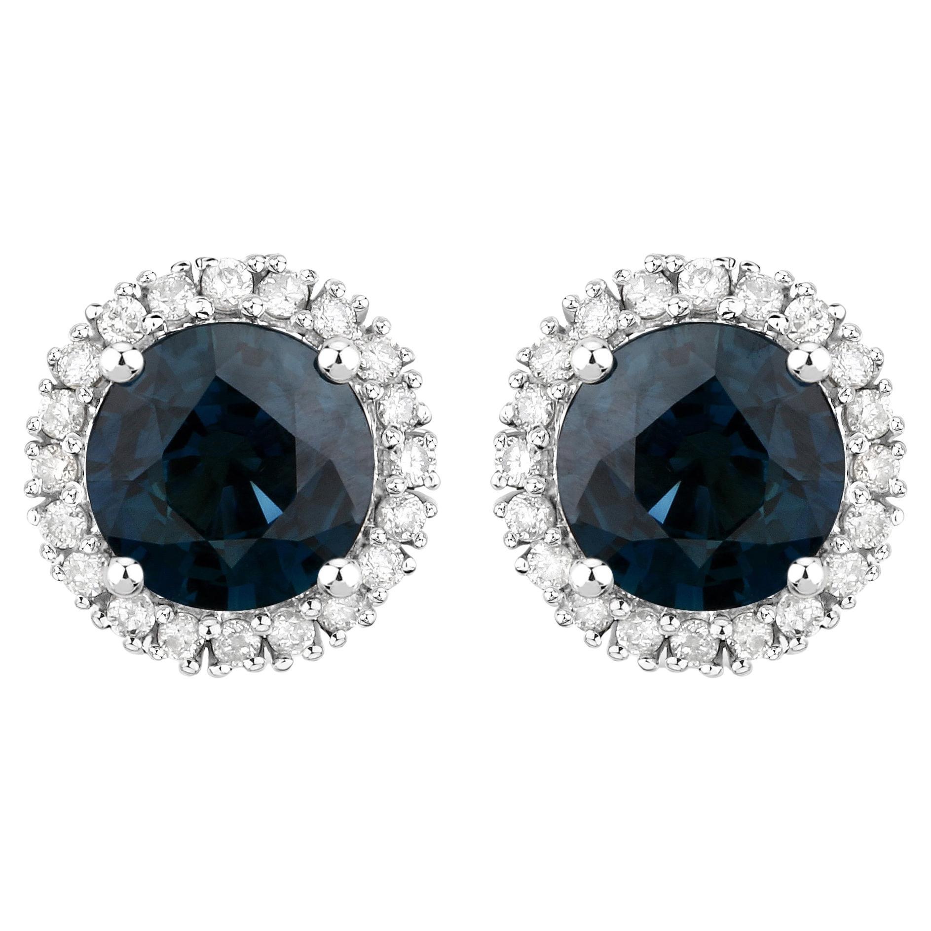 Natural Blue Sapphire and Diamond Halo Earrings 2.20 Carats 14k White Gold