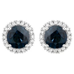 Natural Blue Sapphire and Diamond Halo Earrings 2.20 Carats 14k White Gold