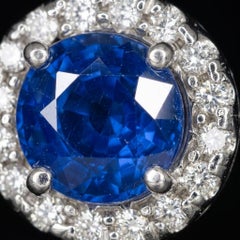 Natural Blue Sapphire and Diamond Halo Stud Earrings in 14k White Gold