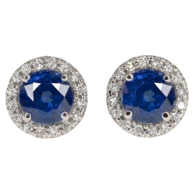 Natural Blue Sapphire and Diamond Halo Stud Earrings in 14k White Gold