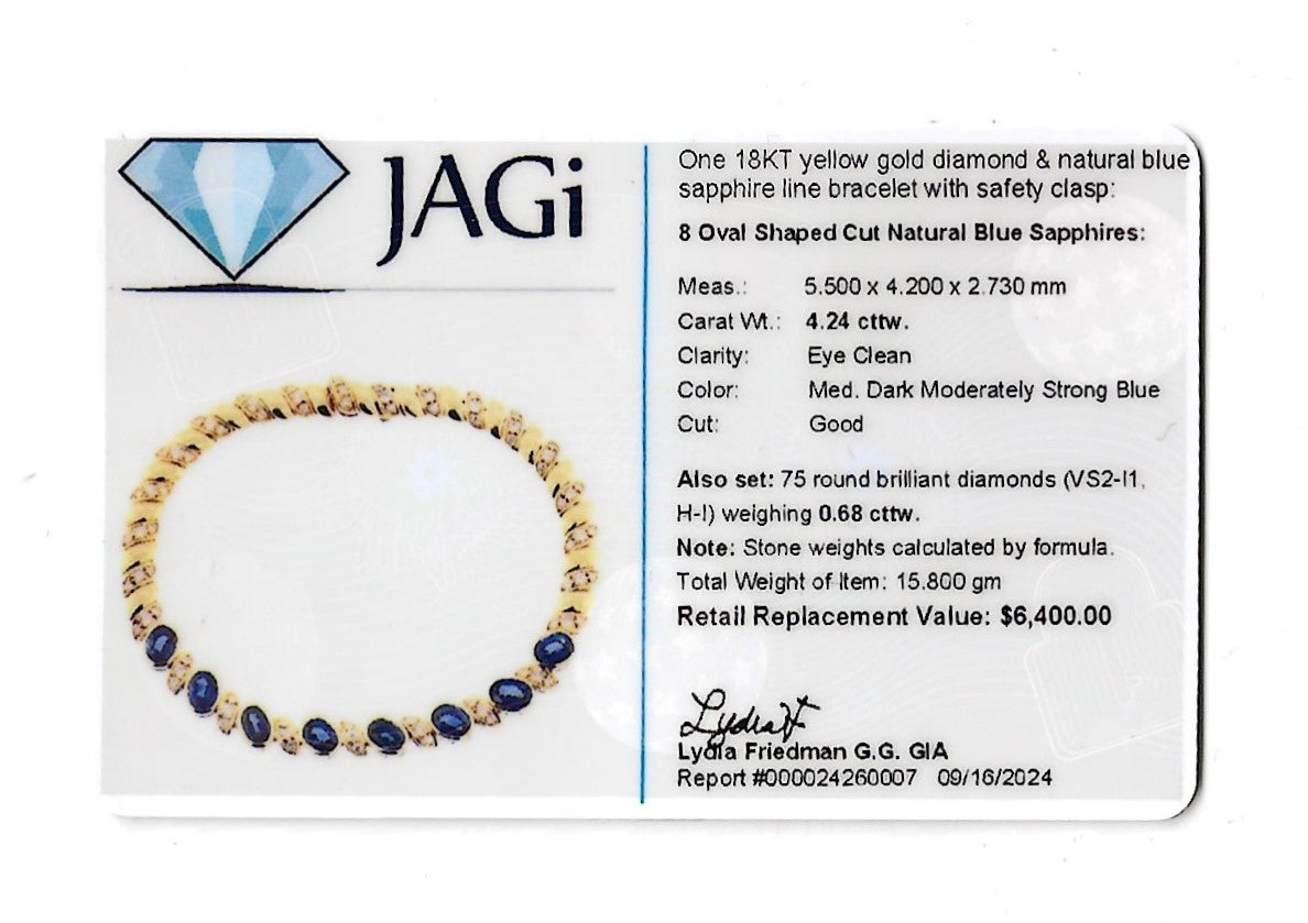 Natural Blue Sapphire and Diamond Line Bracelet in Polished 18 Karat Yellow Gold For Sale 4