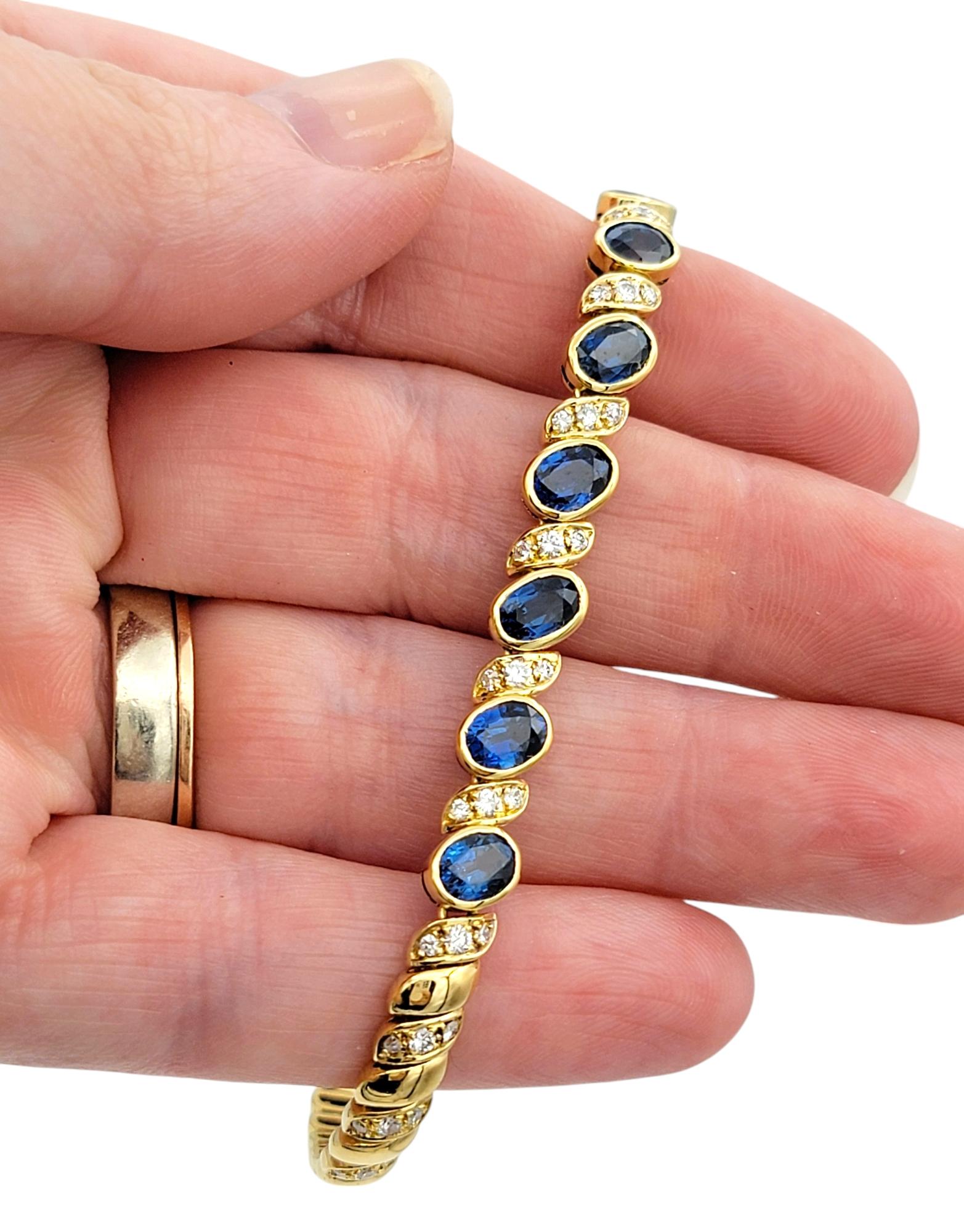 Natural Blue Sapphire and Diamond Line Bracelet in Polished 18 Karat Yellow Gold For Sale 2