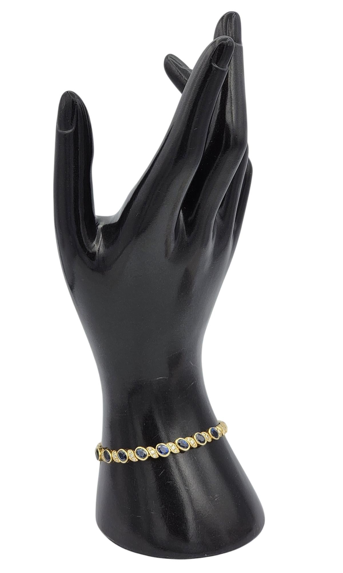 Natural Blue Sapphire and Diamond Line Bracelet in Polished 18 Karat Yellow Gold For Sale 3