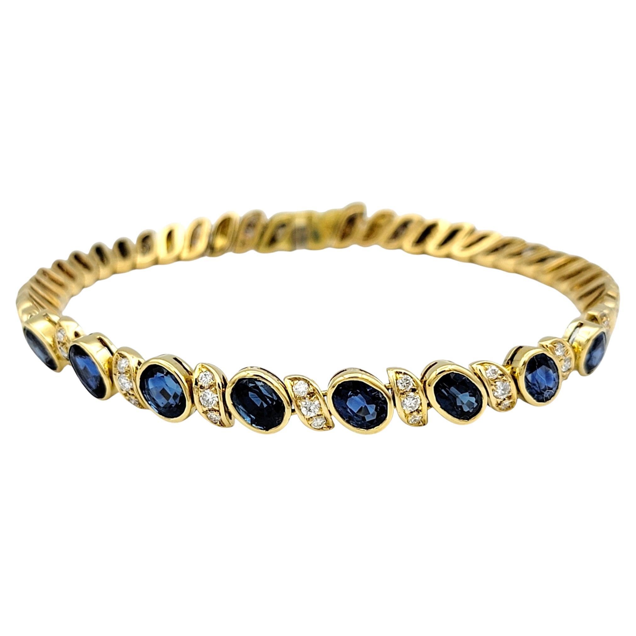 Natural Blue Sapphire and Diamond Line Bracelet in Polished 18 Karat Yellow Gold For Sale