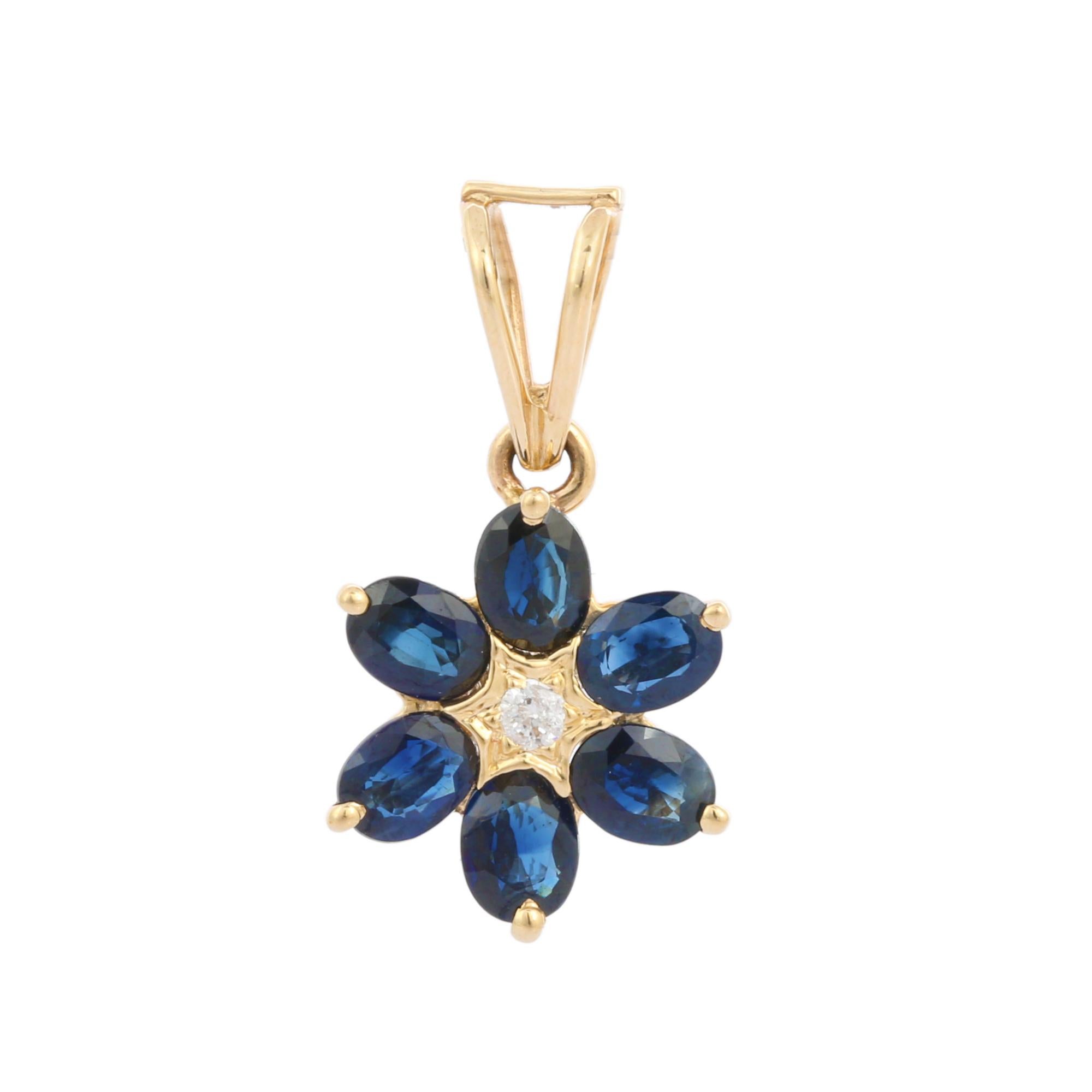 Natural Blue Sapphire pendant in 14K Gold. It has oval cut sapphires studded with diamond that completes your look with a decent touch. Pendants are used to wear or gifted to represent love and promises. It's an attractive jewelry piece that goes