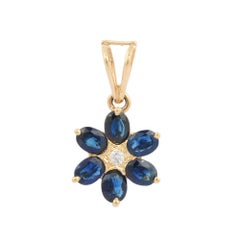 Blue Sapphire and Diamond Minimalist Floral Pendant in 14K Yellow Gold