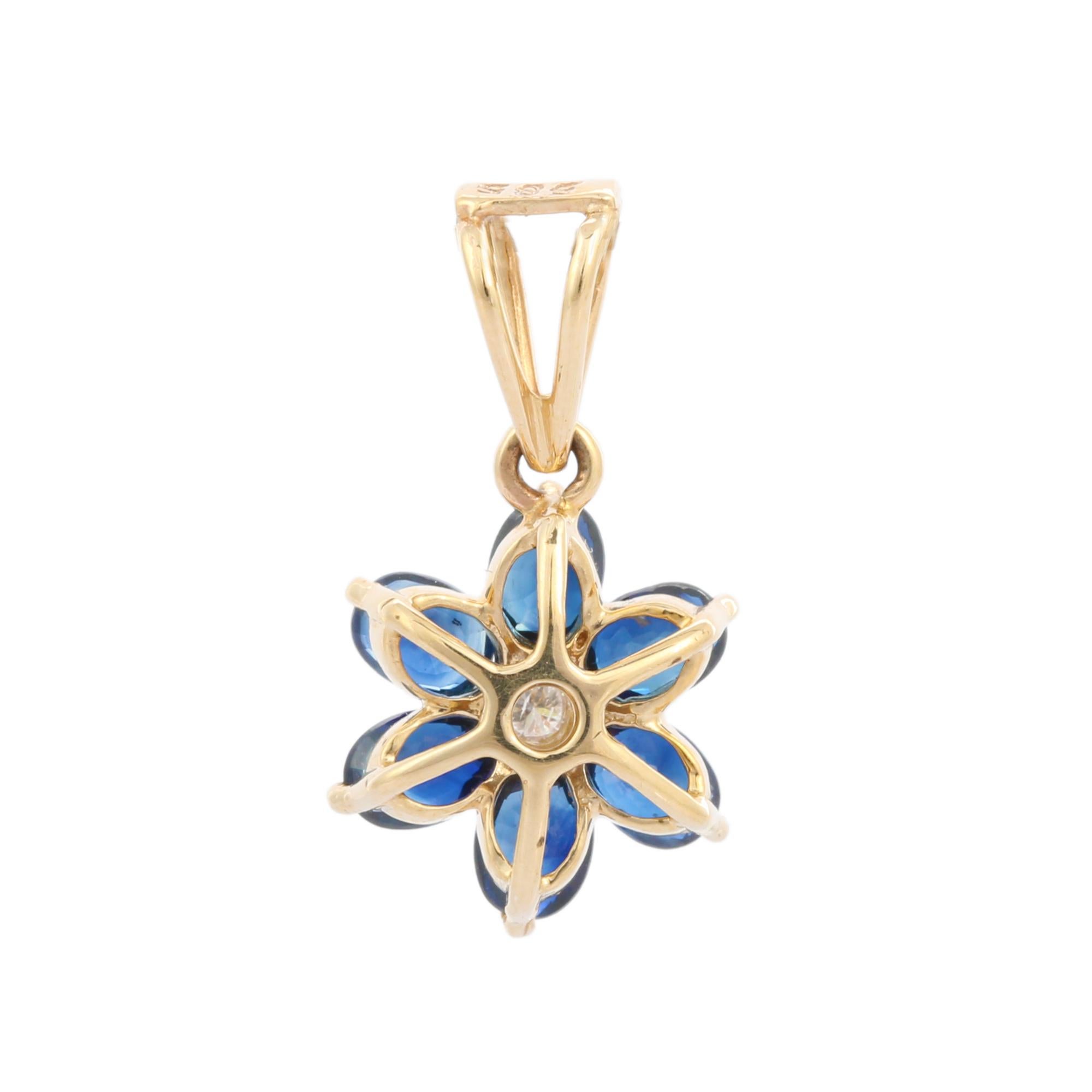 Modernist Blue Sapphire and Diamond Minimalist Floral Pendant in 14K Yellow Gold  For Sale