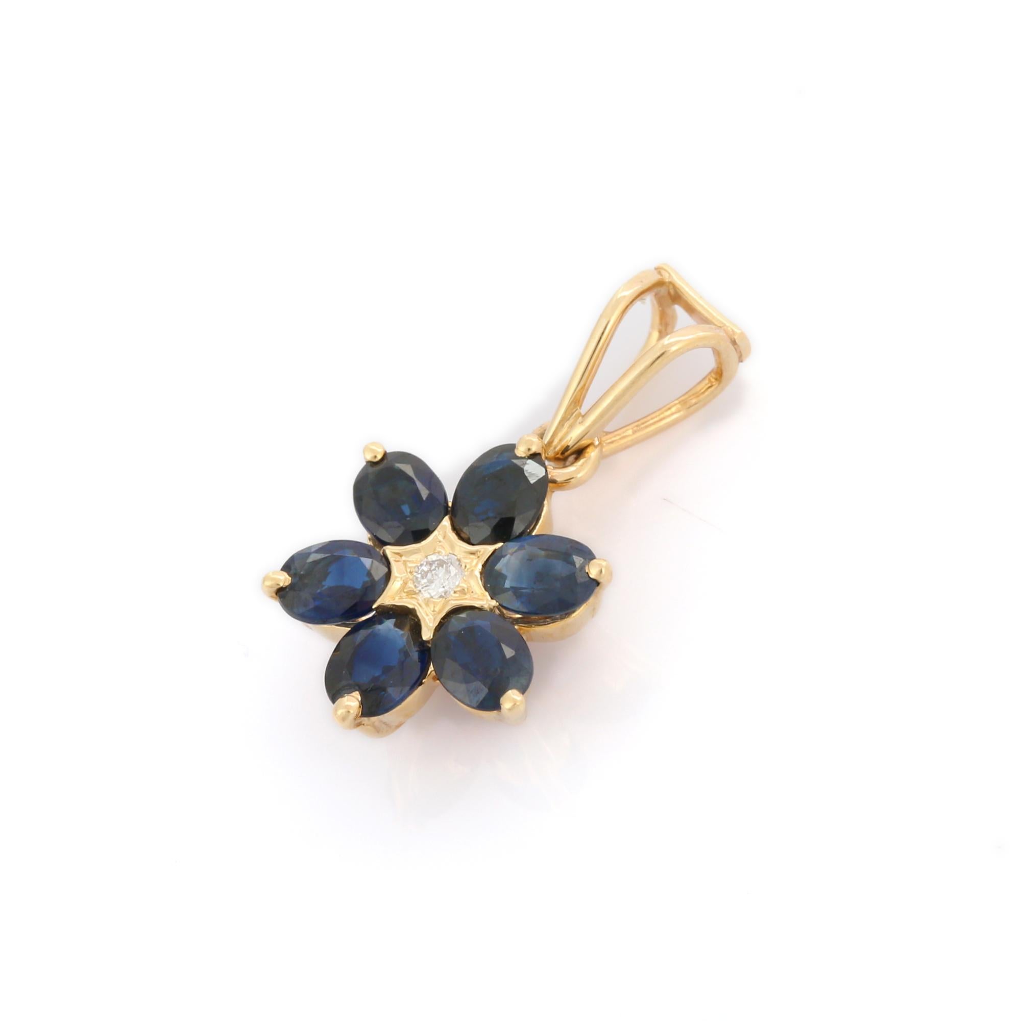 Blue Sapphire and Diamond Minimalist Floral Pendant in 14K Yellow Gold  In New Condition For Sale In Houston, TX