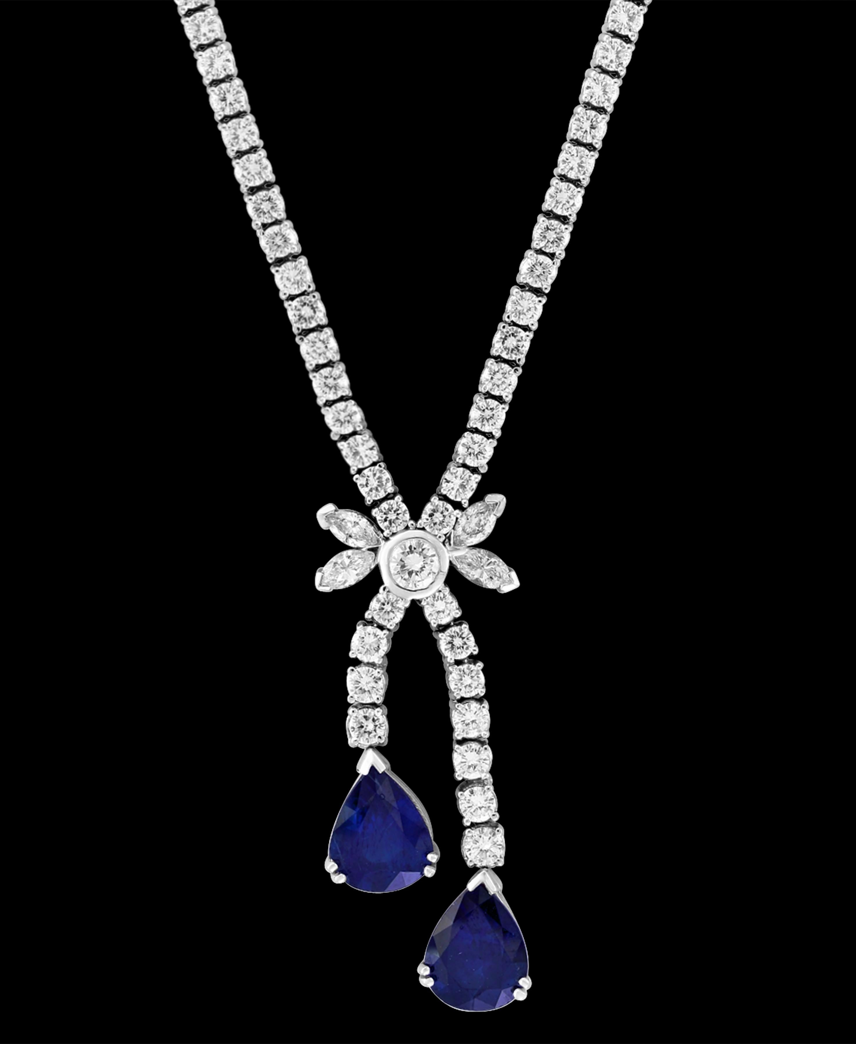 Natural Blue Sapphire and Diamond Necklace 18 Karat White Gold, Estate In Excellent Condition In New York, NY