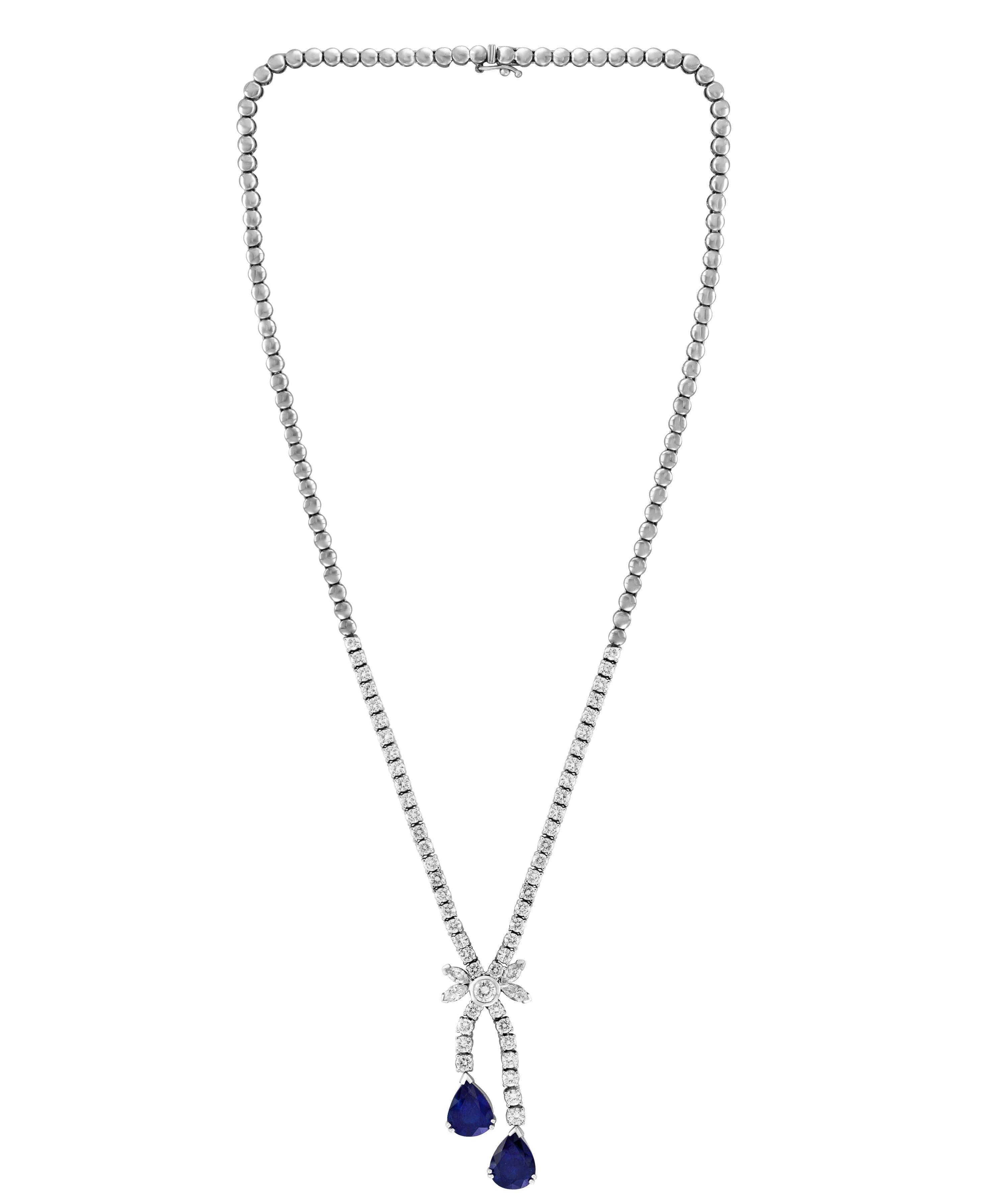 Women's Natural Blue Sapphire and Diamond Necklace 18 Karat White Gold, Estate