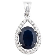 Natural Blue Sapphire and Diamond Pear Shape Halo Pendant in 18K White Gold
