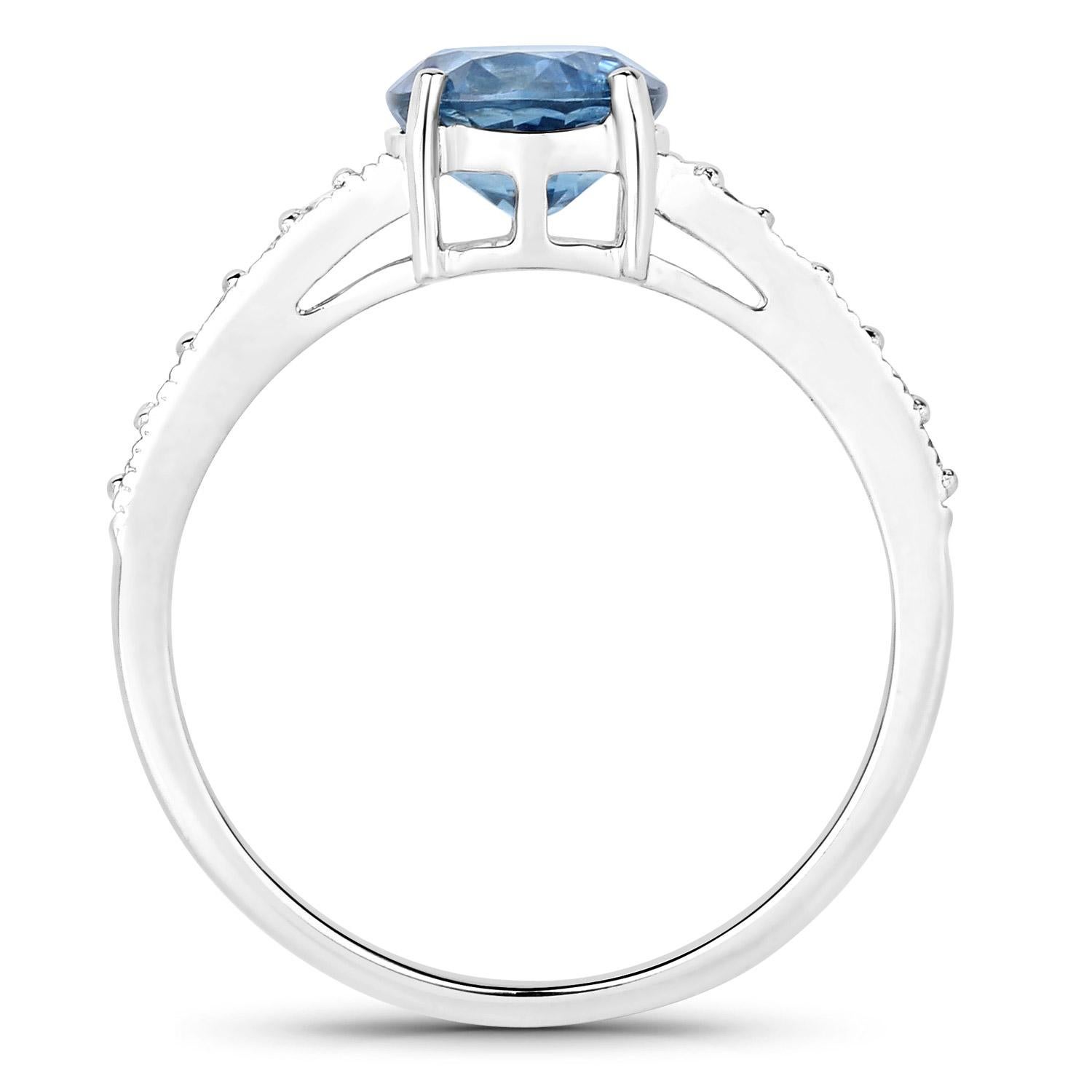Contemporary Natural Blue Sapphire and Diamond Ring 14K White Gold For Sale