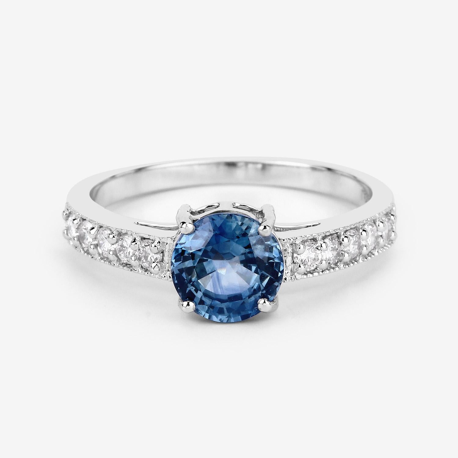 Round Cut Natural Blue Sapphire and Diamond Ring 14K White Gold For Sale