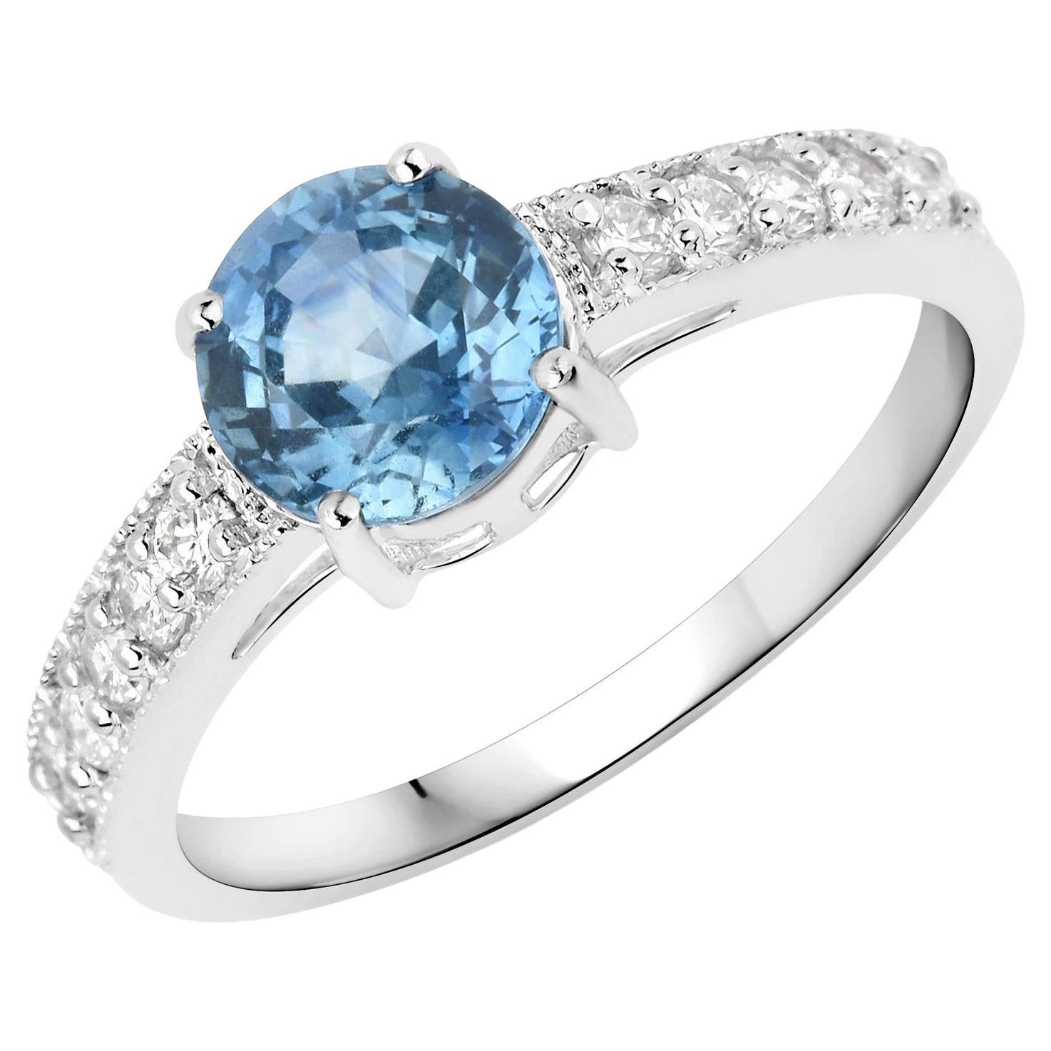 Natural Blue Sapphire and Diamond Ring 14K White Gold For Sale