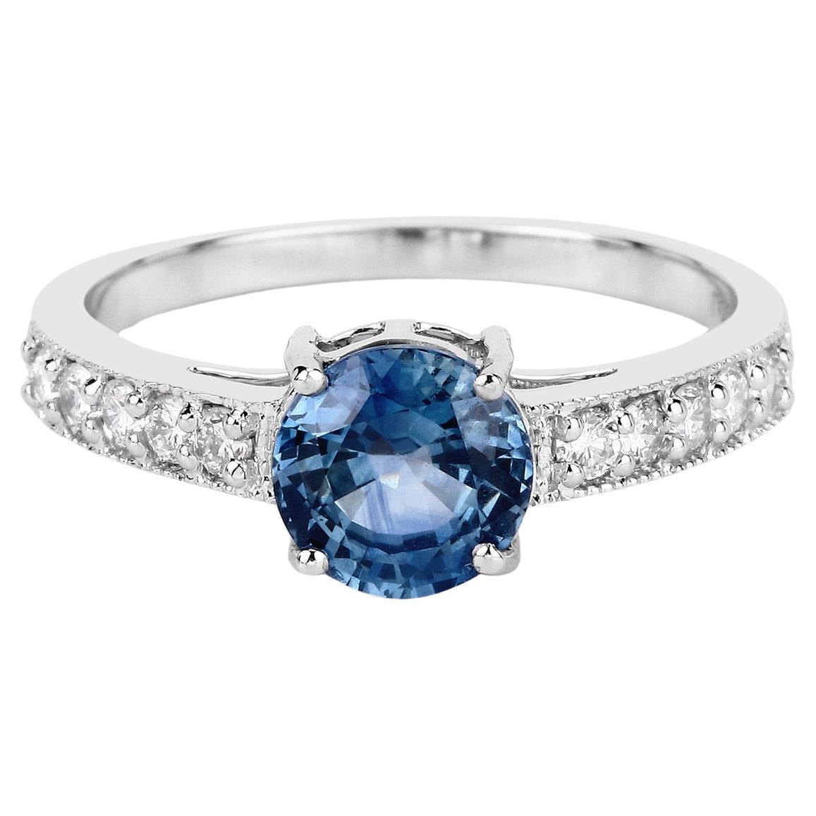 Blue Sapphire Ring With Diamonds 1.90 Carats 14K White Gold