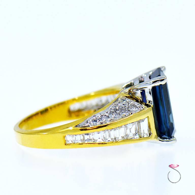 Emerald Cut Natural Blue Sapphire and Diamond Ring, 4.95 Carat 18 Karat Yellow Gold
