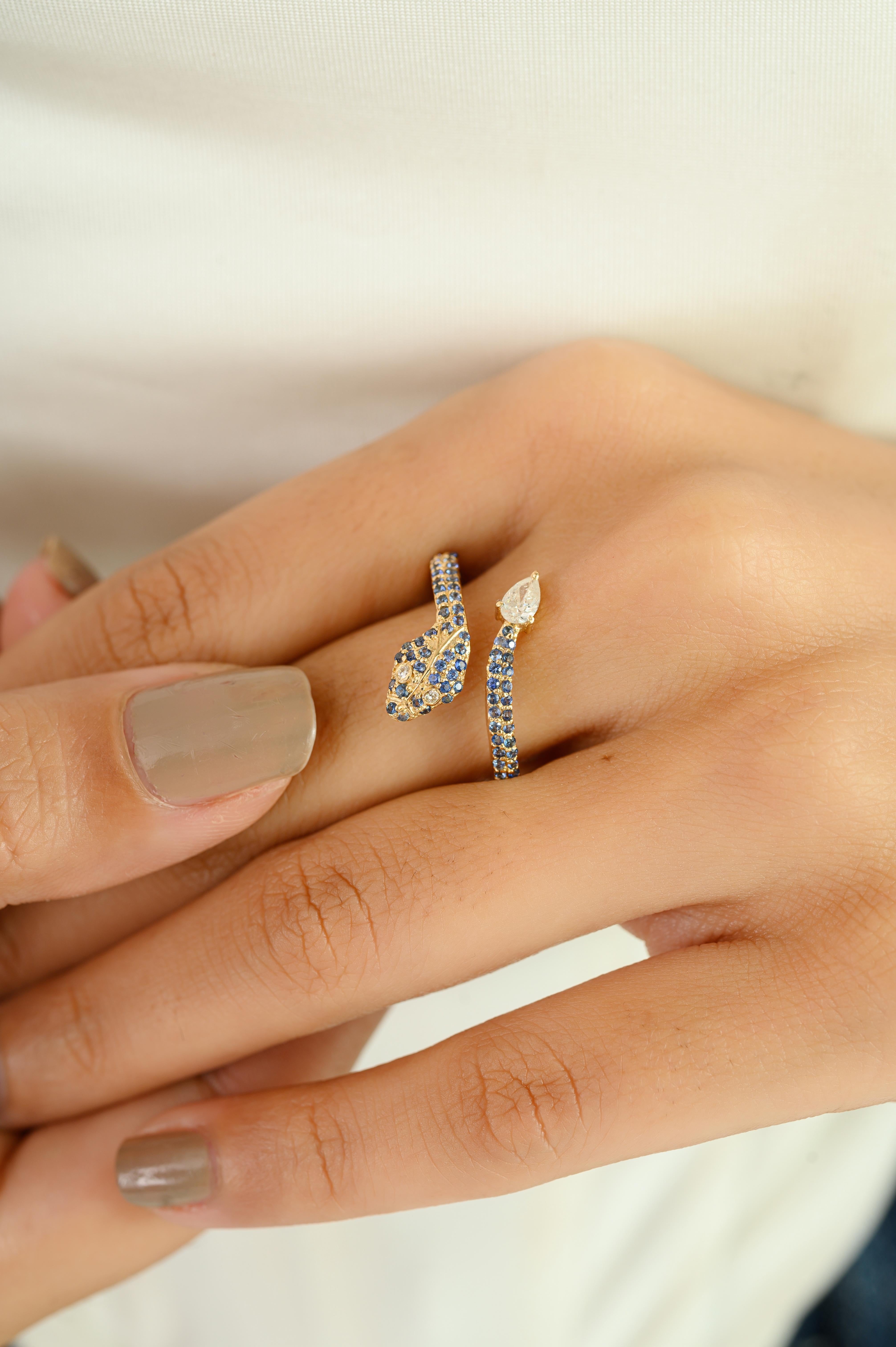 Im Angebot: Natürlicher blauer Saphir und Diamant Serpent Wrap Ring in 14k massivem Gelbgold () 2