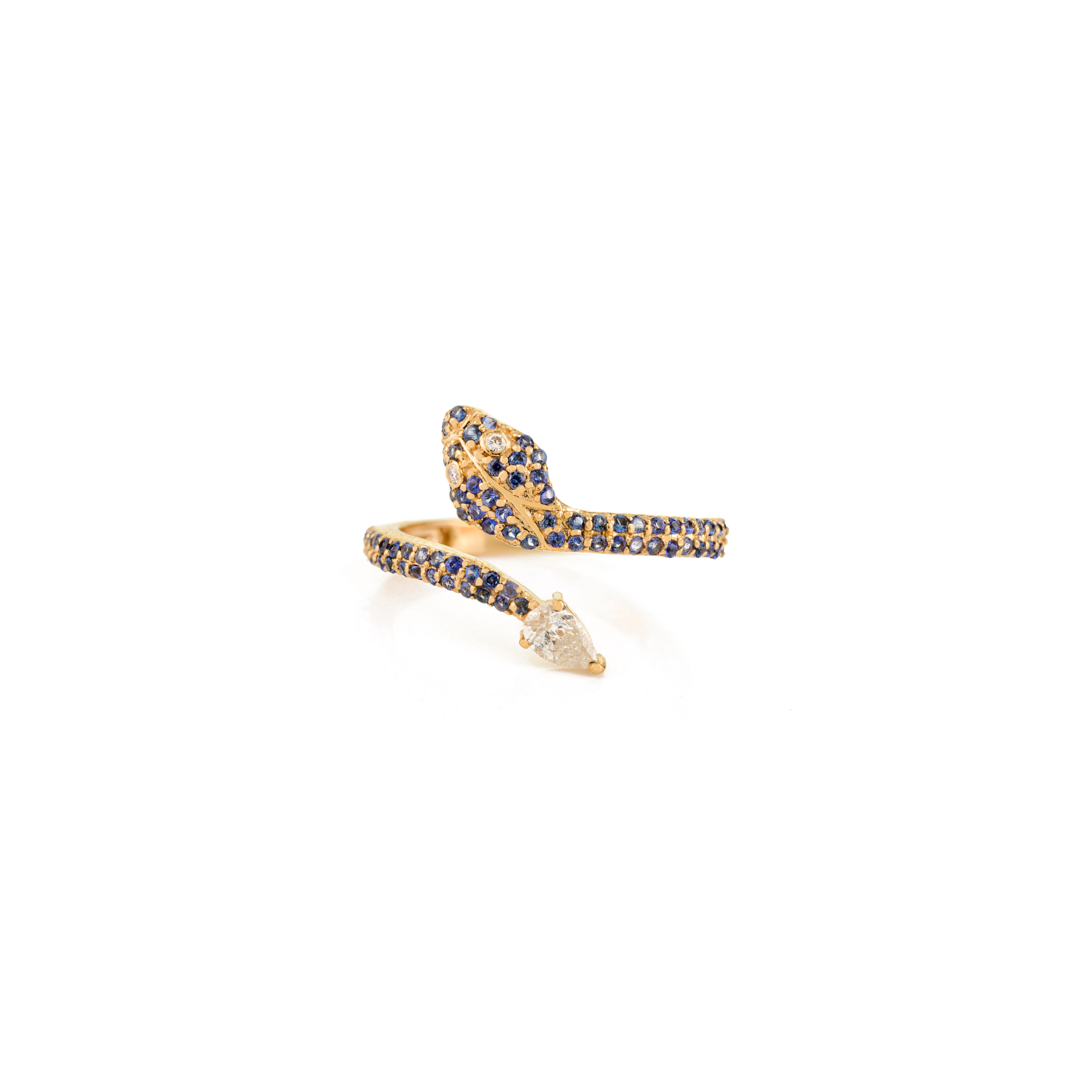 Im Angebot: Natürlicher blauer Saphir und Diamant Serpent Wrap Ring in 14k massivem Gelbgold () 3