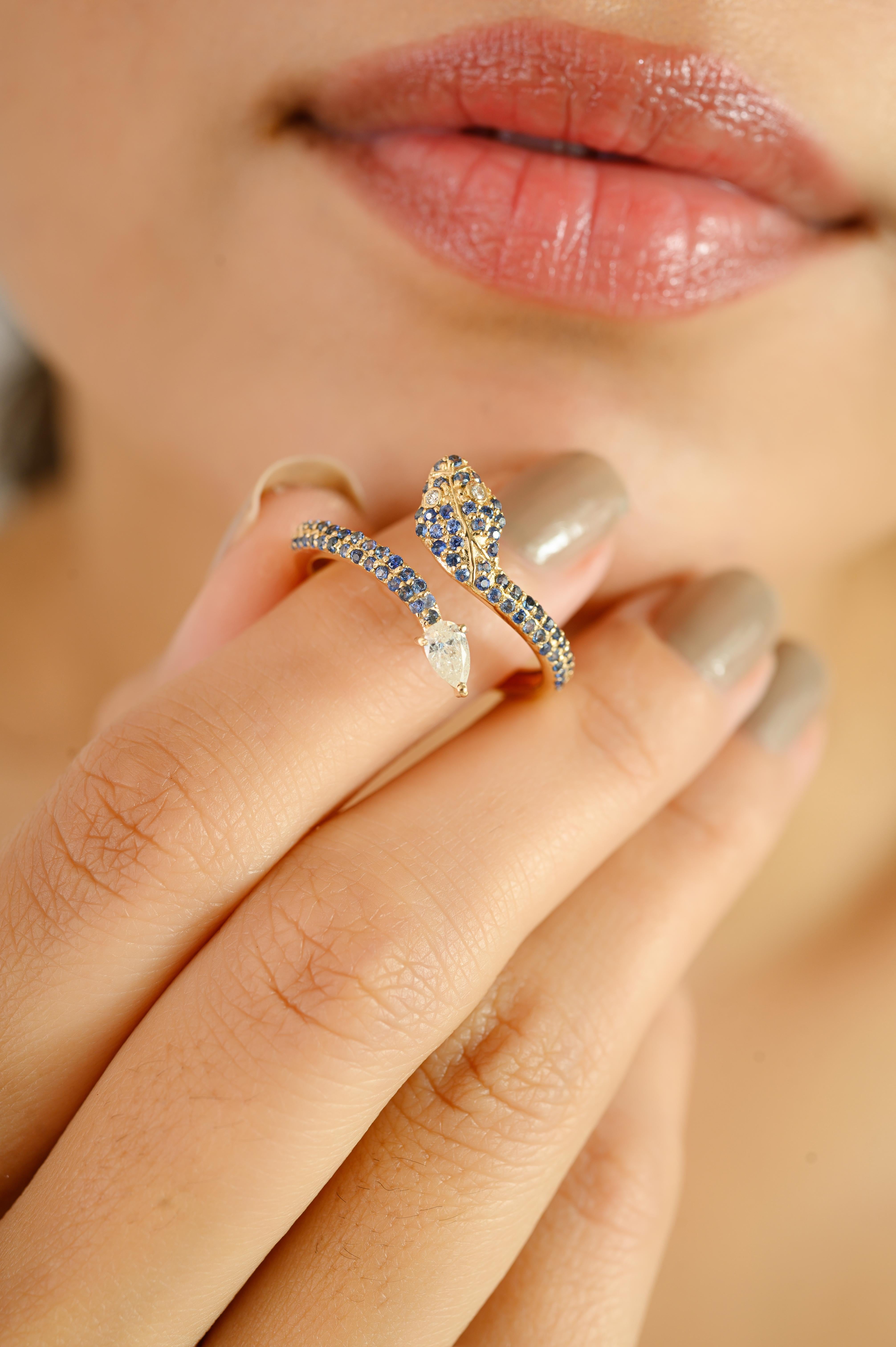 Im Angebot: Natürlicher blauer Saphir und Diamant Serpent Wrap Ring in 14k massivem Gelbgold () 6