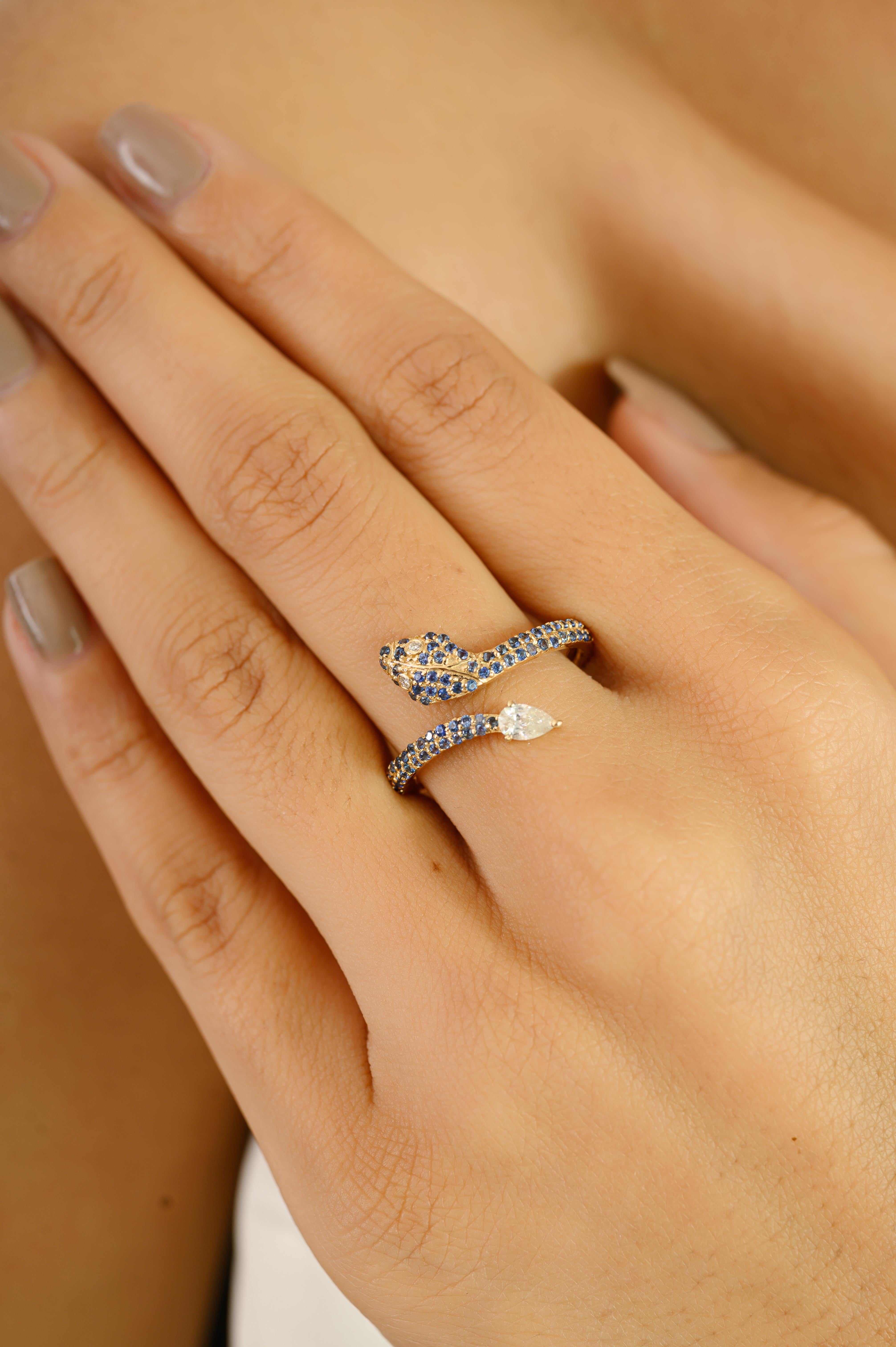 Im Angebot: Natürlicher blauer Saphir und Diamant Serpent Wrap Ring in 14k massivem Gelbgold () 8