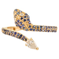Anillo Envolvente de Zafiro Azul Natural y Diamante Serpiente en Oro Amarillo Macizo de 14k