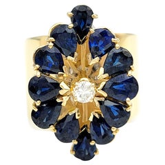 Natural Blue Sapphire and Diamond Stacked Cocktail Ring 14 Karat Yellow Gold