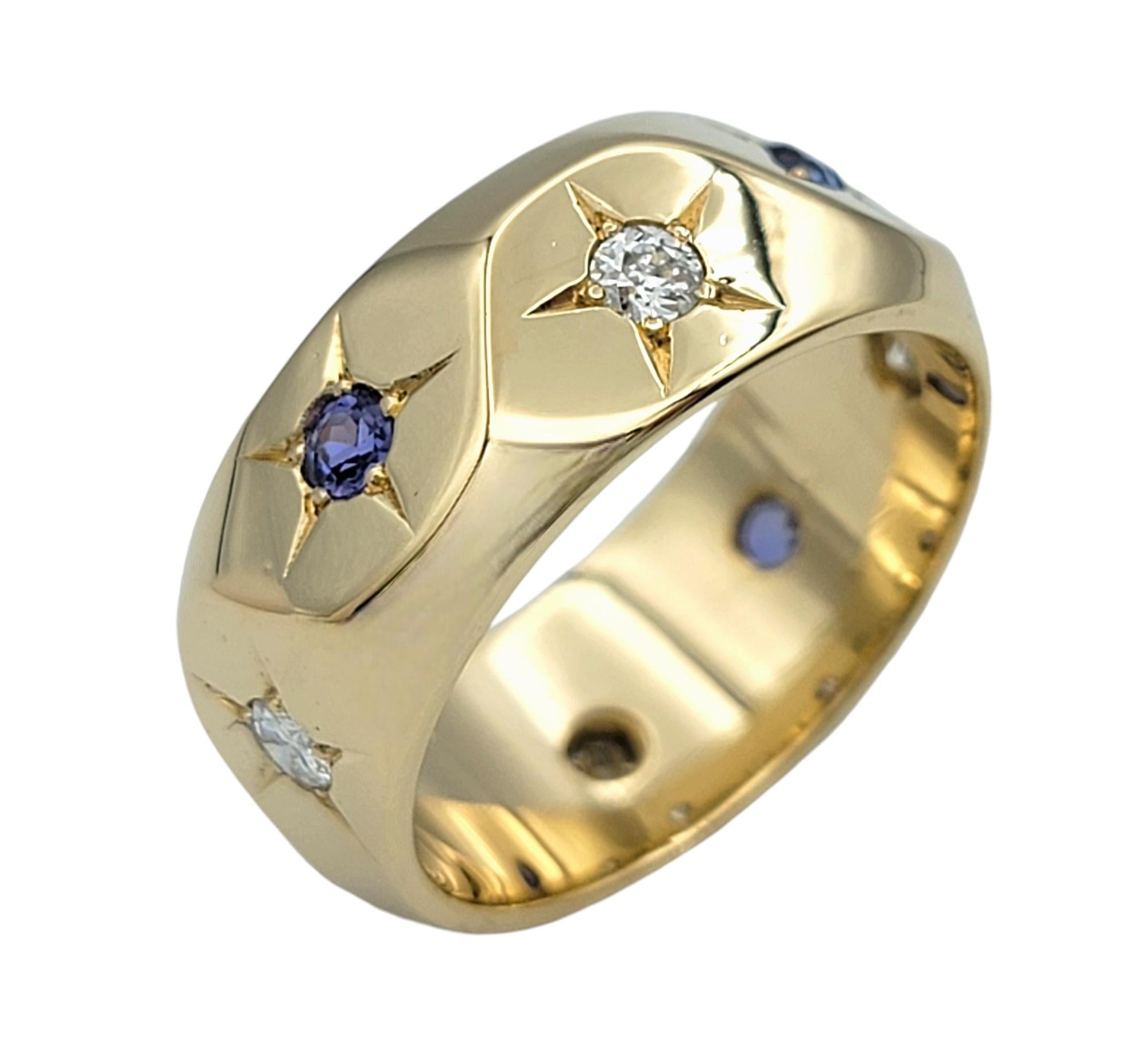 Contemporary Natural Blue Sapphire and Diamond Star Angular Band Ring in 14 Karat Yellow Gold For Sale