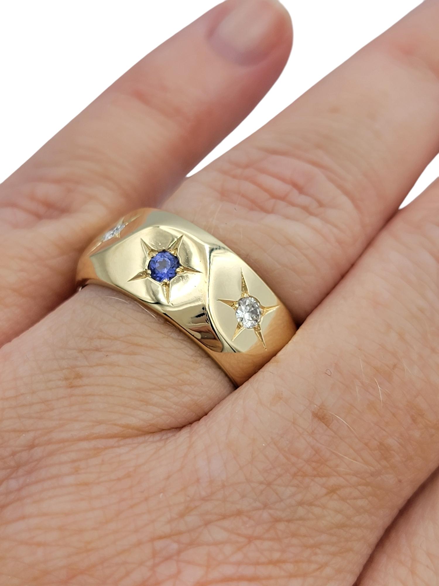 Natural Blue Sapphire and Diamond Star Angular Band Ring in 14 Karat Yellow Gold For Sale 2