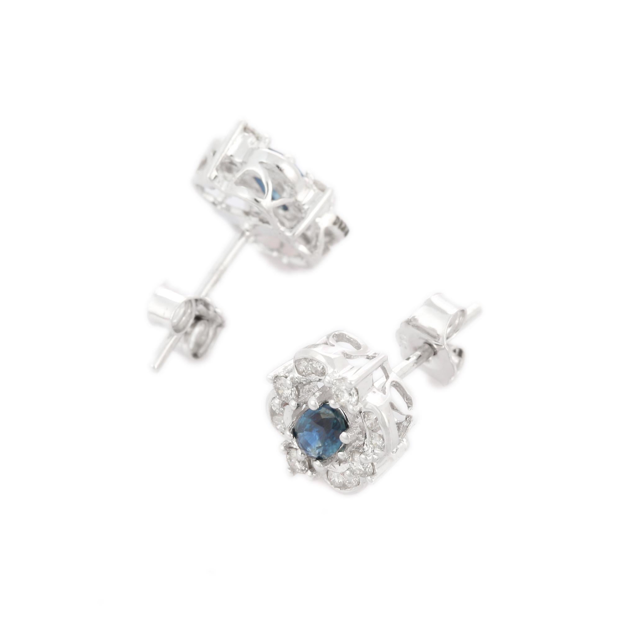 Art Deco Natural Blue Sapphire and Diamond Stud Earrings in 18K White Gold For Sale