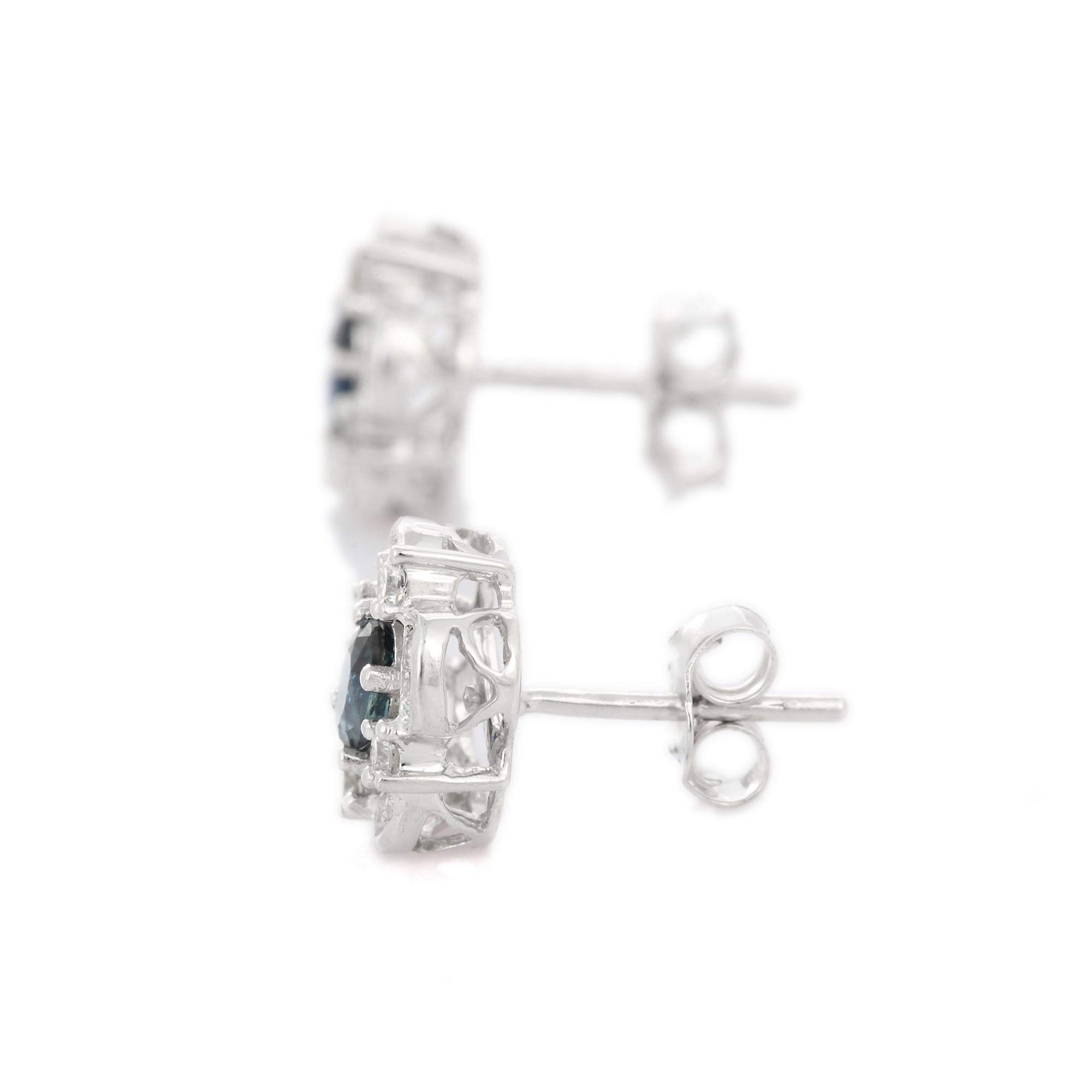 Oval Cut Natural Blue Sapphire and Diamond Stud Earrings in 18K White Gold For Sale